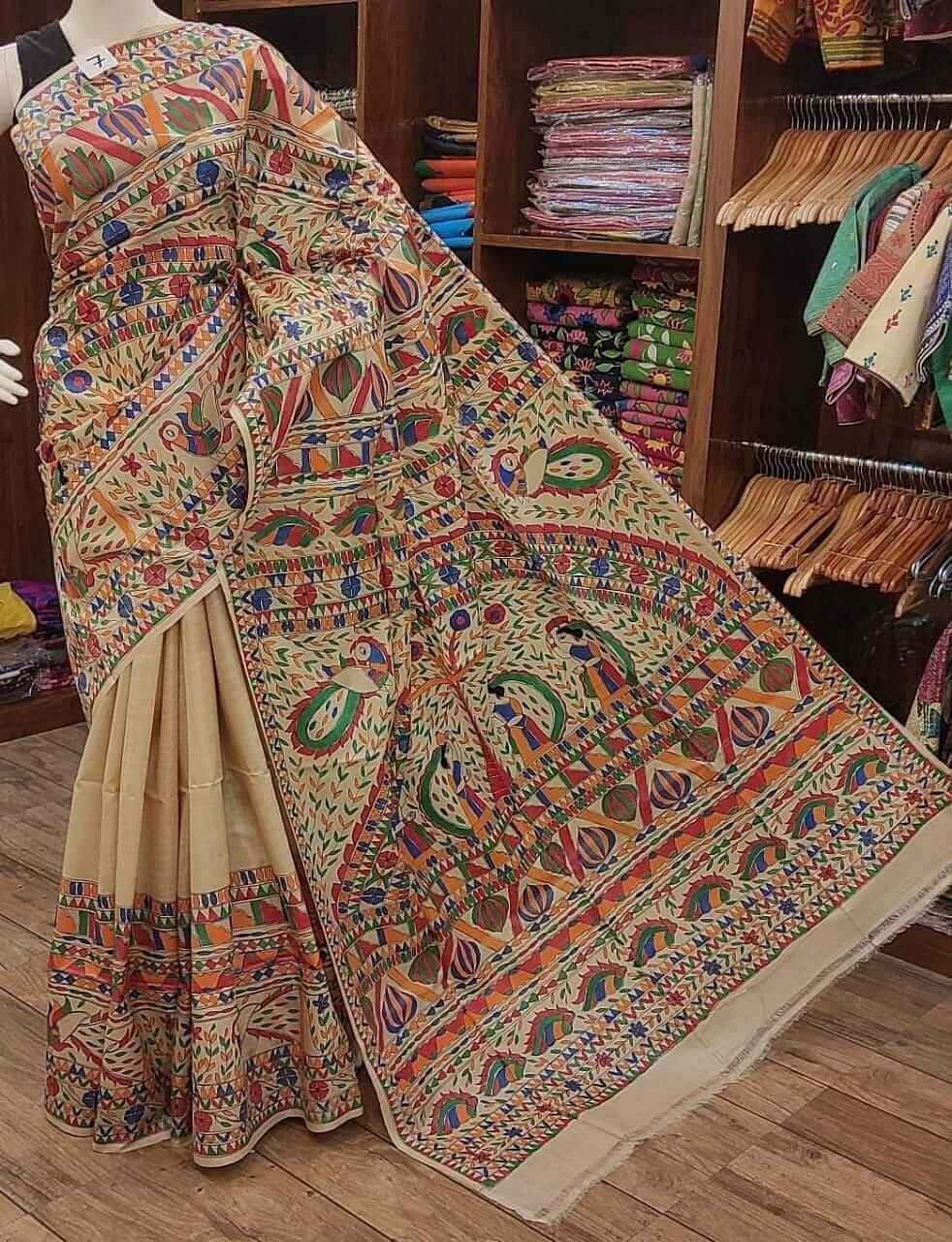 Mustard semi silk saree with intricate hand painted madhubani border & |  Kalamkari designs, Saree painting designs, Blouse designs