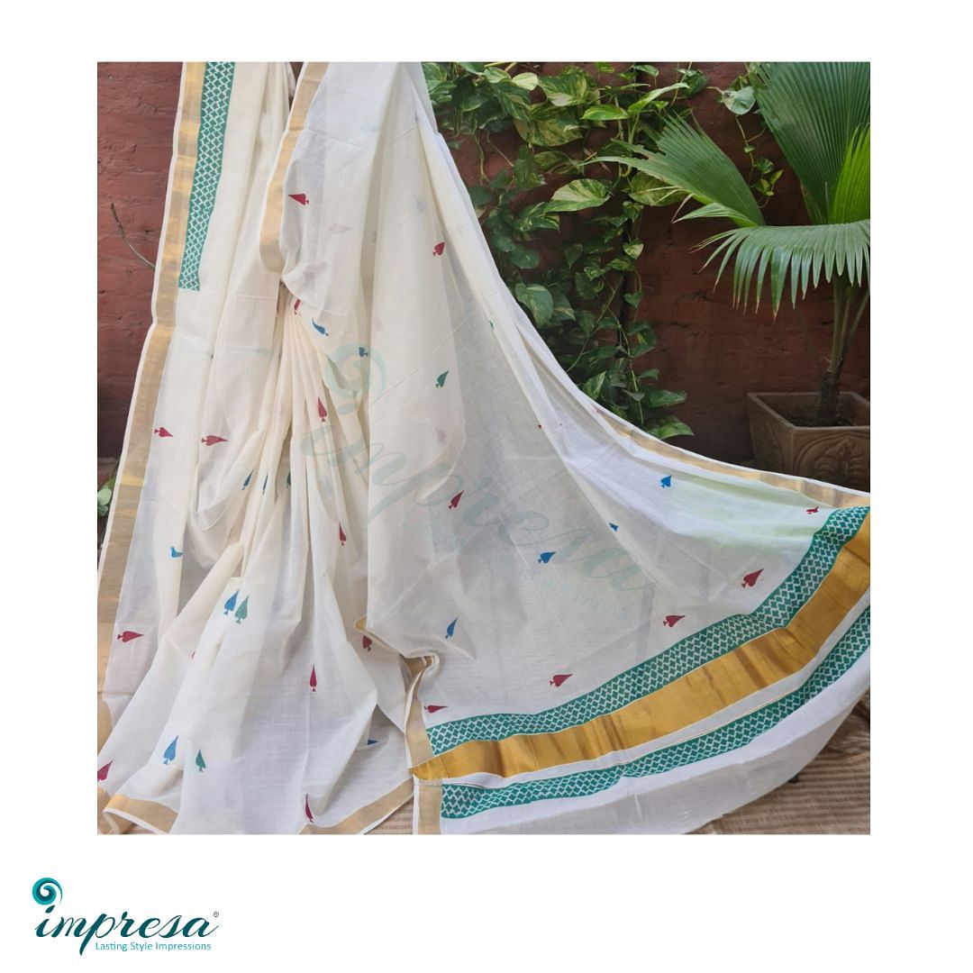 White And Golden Fine Thread Embroidery On Kerala Cotton Sarees, With Blouse  Piece, 5.5 m (separate blouse piece) at Rs 2600 in Kottayam