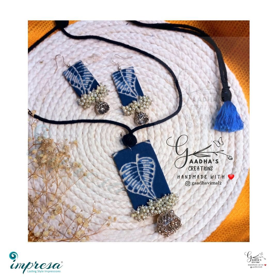 Handmade Blue leaf print Fabric Necklace & Earings Combo Jewellery